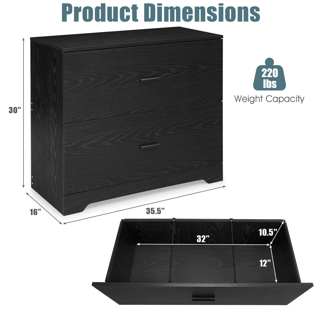 2-drawer lateral file cabinet in black with adjustable bars, measuring 30" high and 35.5" wide, ideal for home office.