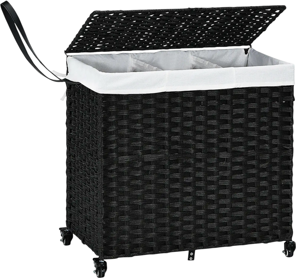 Laundry hamper with wheels and lid in black, featuring a sturdy PE rattan design and 125L capacity for easy sorting.