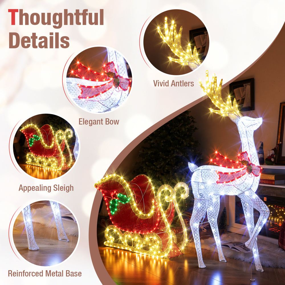 LED lighted Christmas reindeer with sleigh, featuring vivid antlers and elegant bow, perfect for festive indoor or.