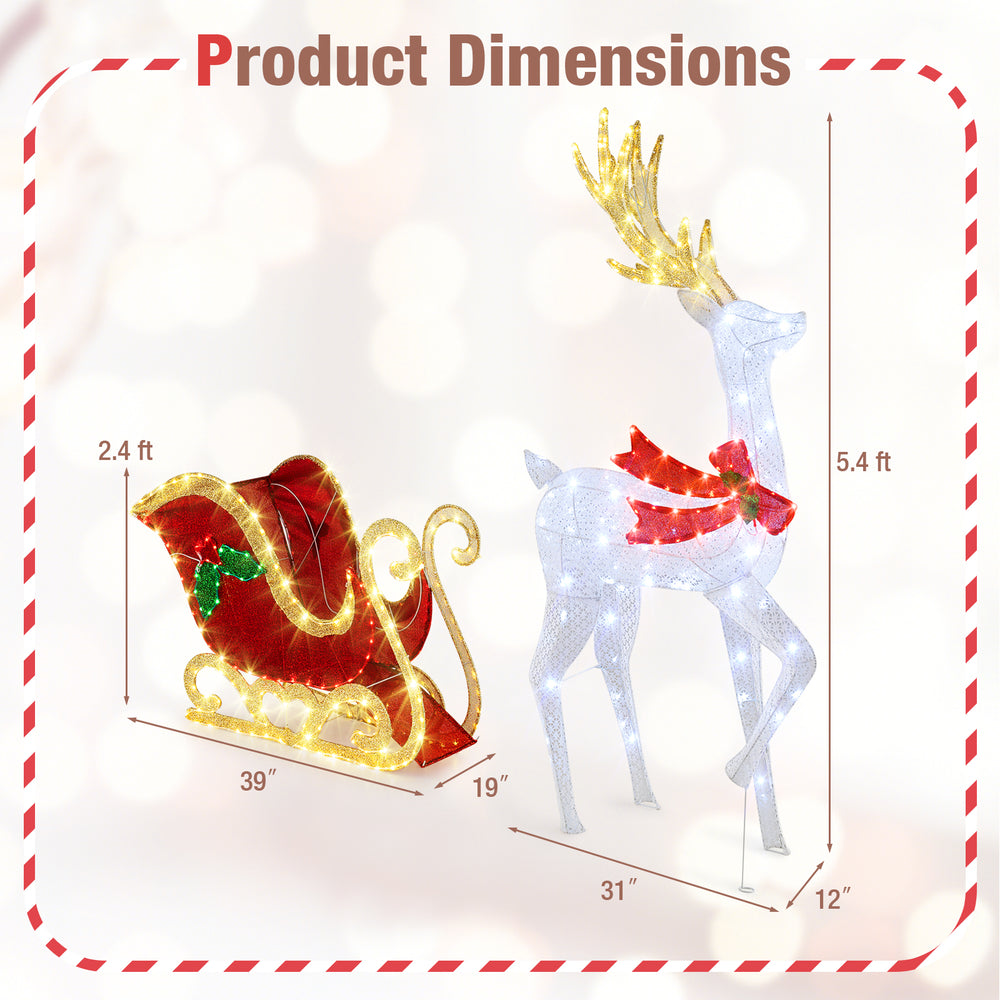 LED lighted Christmas reindeer and sleigh dimensions, featuring 462 LED lights for festive indoor and outdoor.