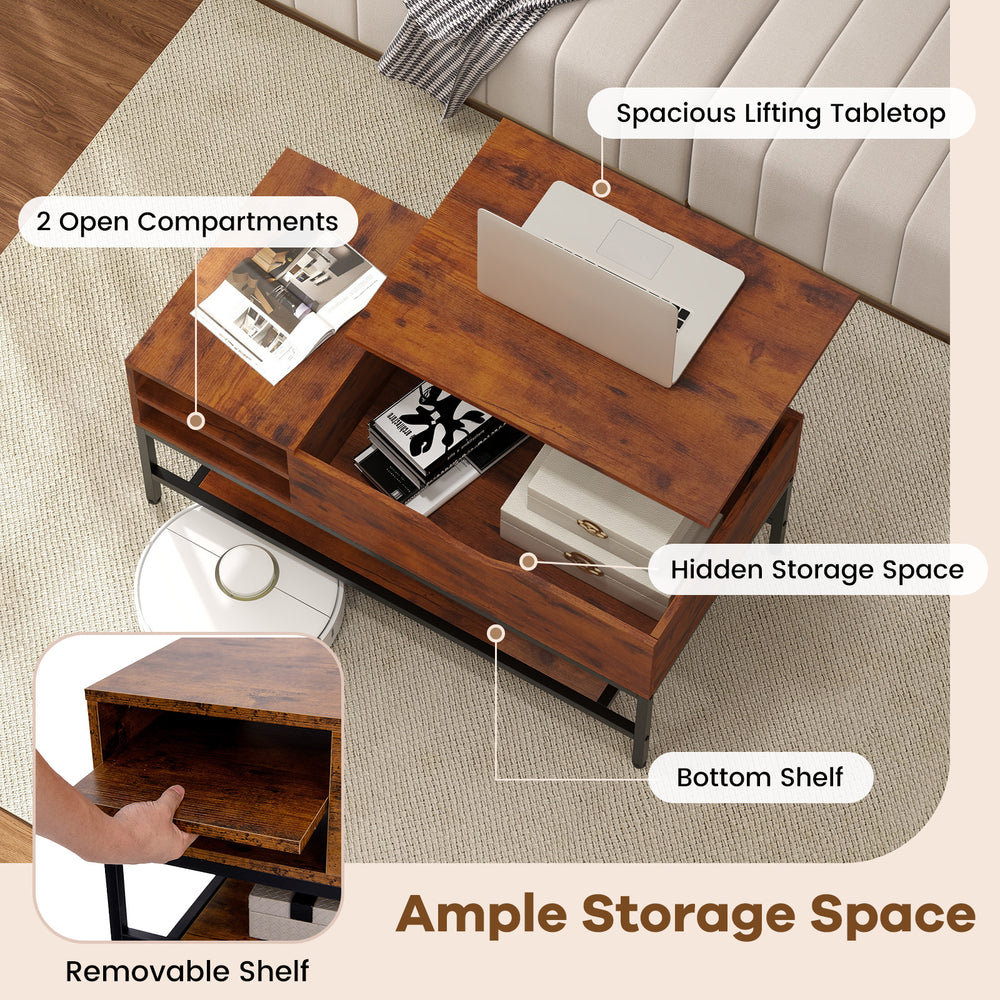 Lift top coffee table in rustic brown with hidden compartment, removable shelf, and spacious tabletop for versatile use.