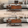 Lift top coffee table in rustic brown with hidden compartment and removable shelf, ideal for dining or working.