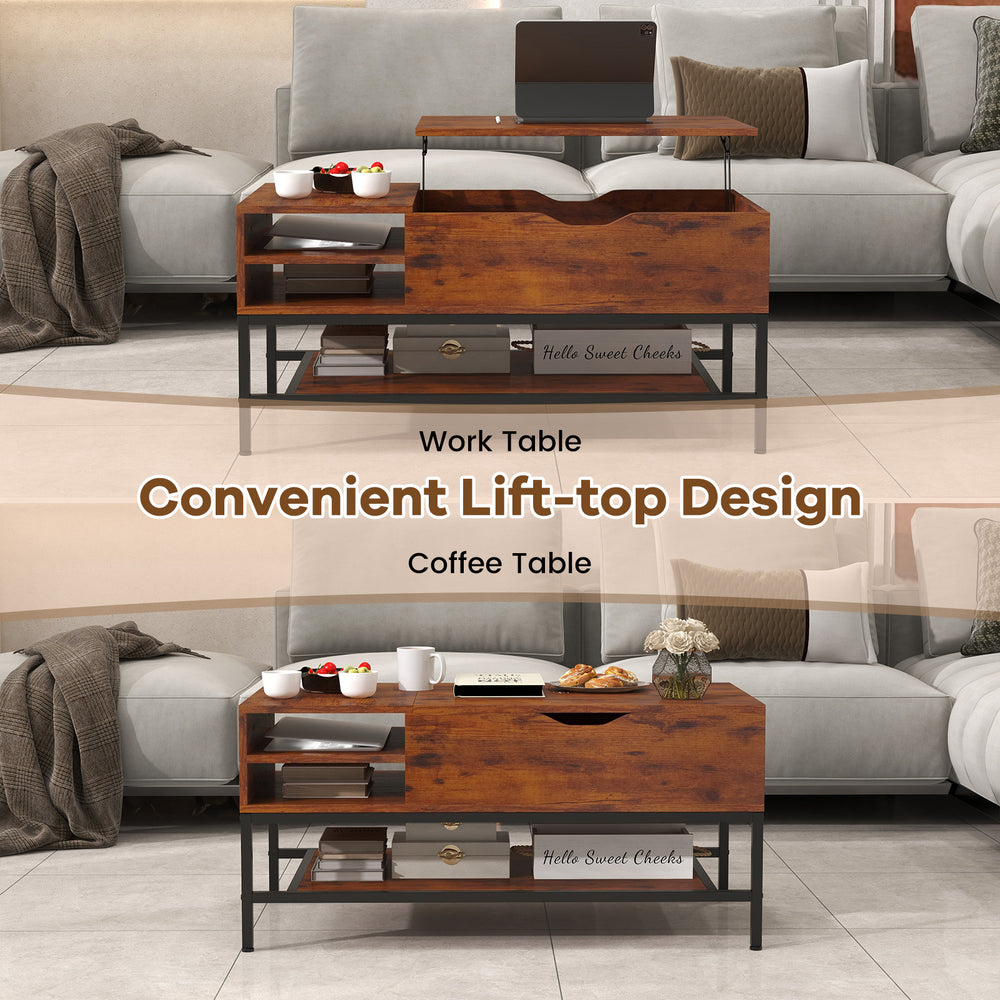 Lift top coffee table in rustic brown with hidden compartment and removable shelf, ideal for dining or working.