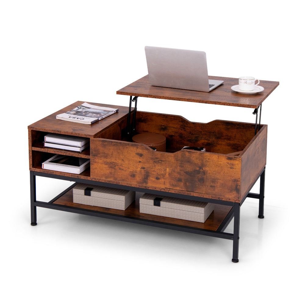 Lift top coffee table in rustic brown with hidden compartment, removable storage shelf, and sturdy metal frame for.