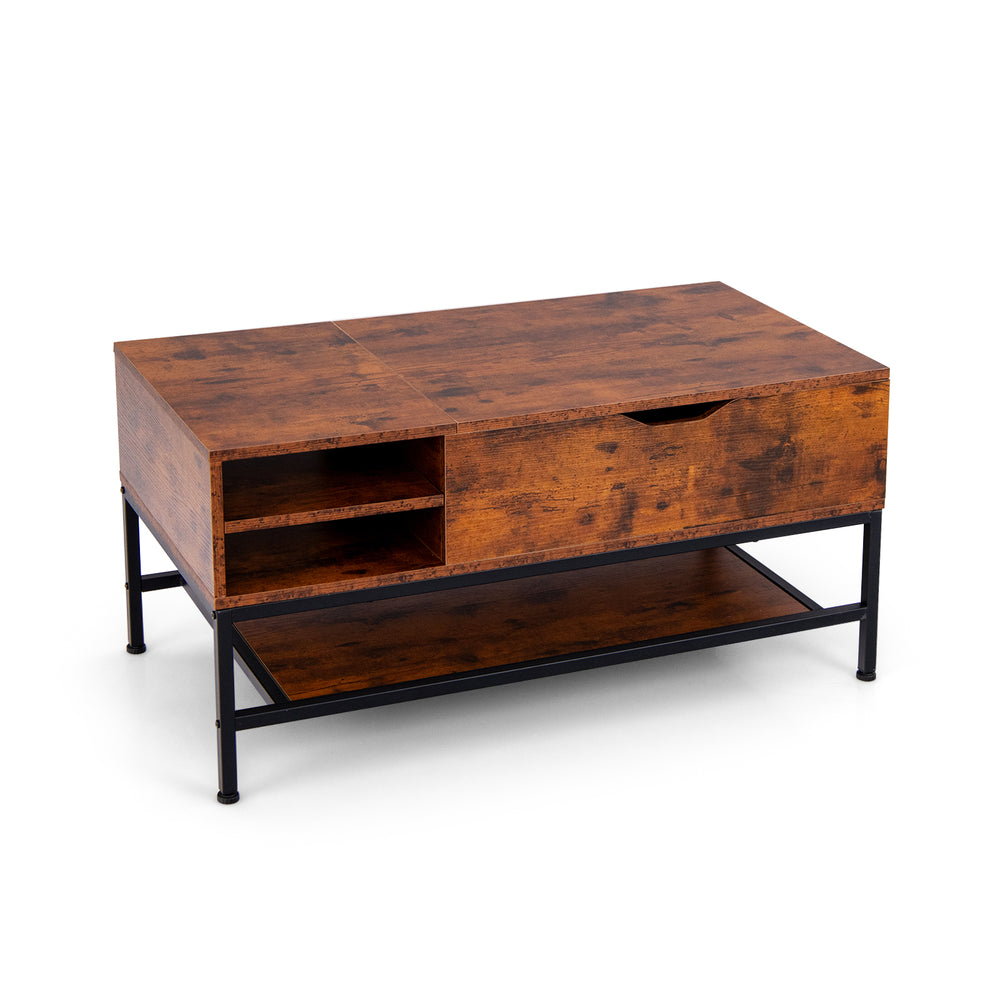 Lift top coffee table in rustic brown featuring a spacious tabletop and two open compartments for versatile storage.