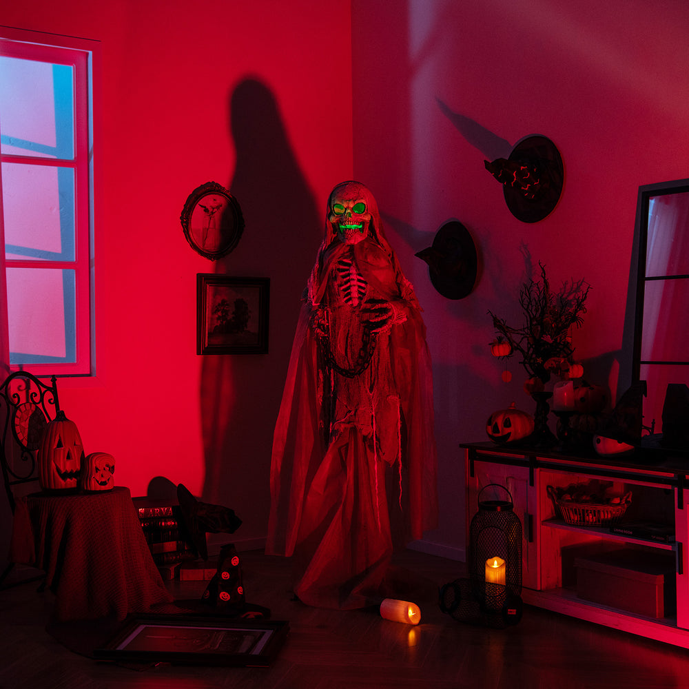 Lighted animated Halloween skeleton decoration with LED lights, sound effects, and chilling details for outdoor use.