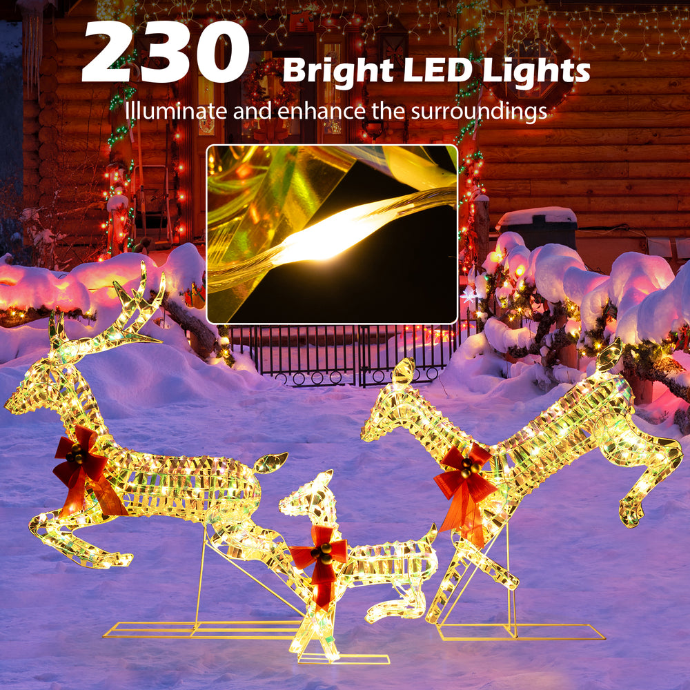 Lighted Christmas reindeer family with 230 LED lights and bows, perfect for yard decoration during the holidays.