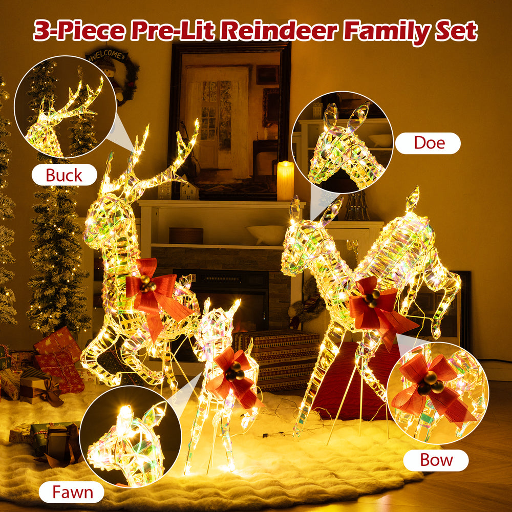 Lighted 3-piece Christmas reindeer family set with LED lights and bows, perfect for festive indoor or outdoor.