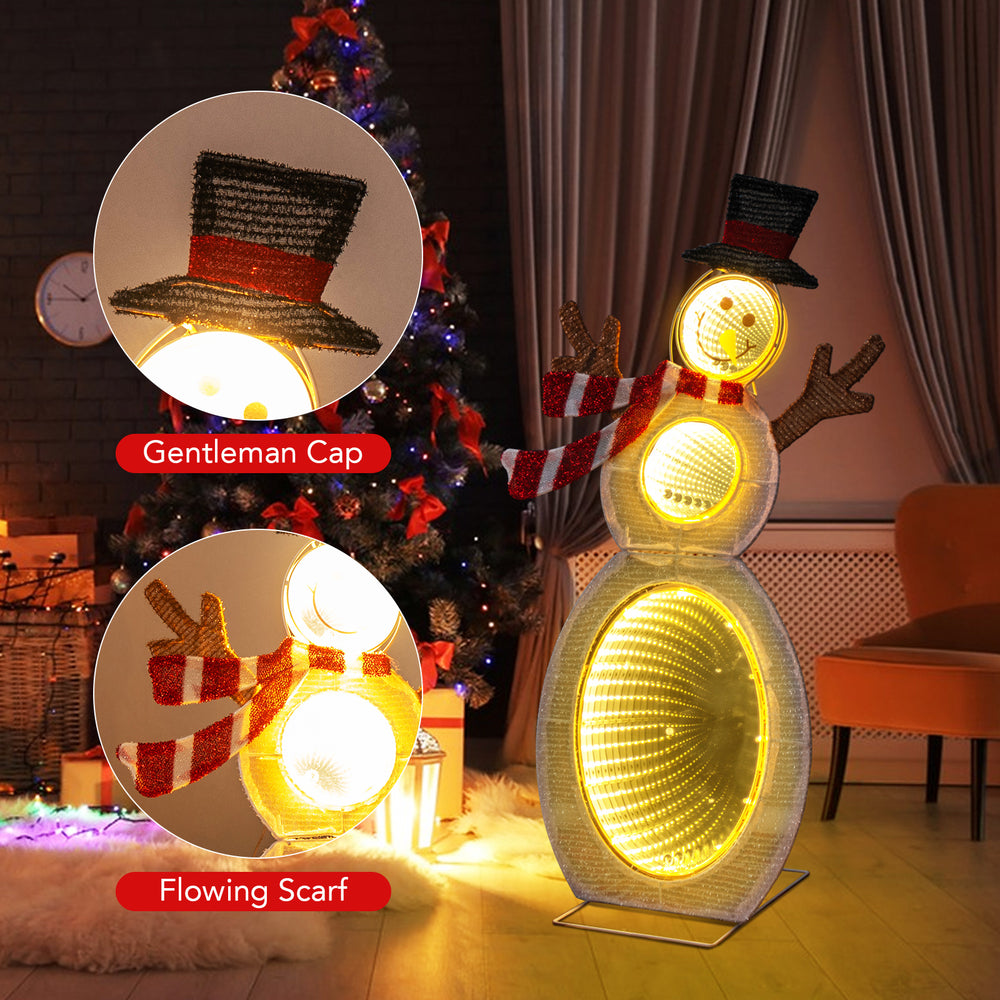Lighted snowman with LED lights, dressed in a gentleman cap and flowing scarf, perfect for outdoor holiday decoration.