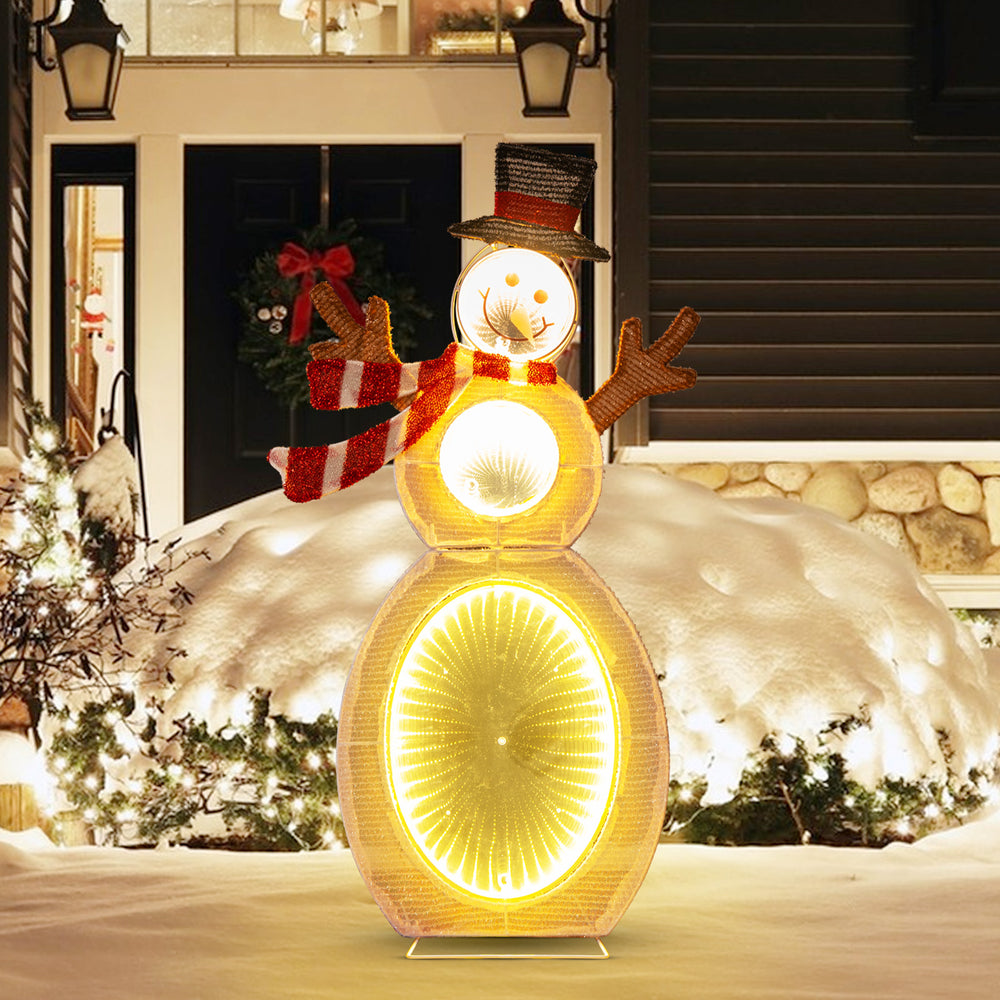 Lighted snowman decoration with 105 LED lights, metal stand, and elegant scarf, perfect for outdoor holiday displays.
