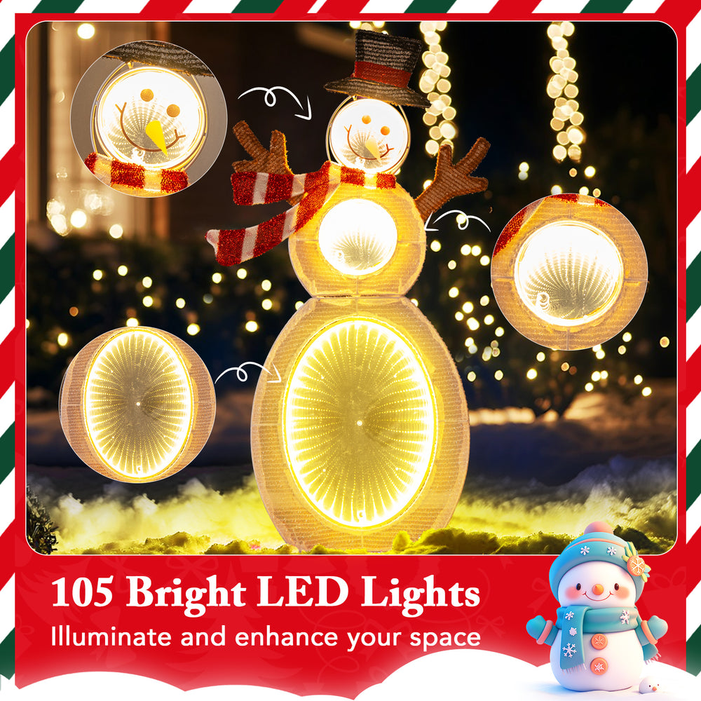 Lighted snowman with 105 bright LED lights and metal stand, perfect for outdoor decoration and enhancing your space.