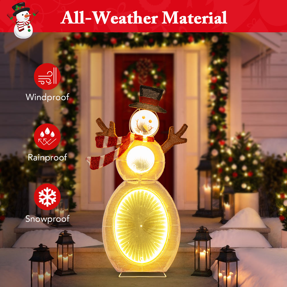 Lighted 2.6 feet snowman with LED lights, all-weather material, and metal stand, ideal for outdoor holiday decoration.