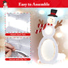 Lighted snowman decoration with 105 LED lights, easy assembly, and stable metal stand for outdoor use.