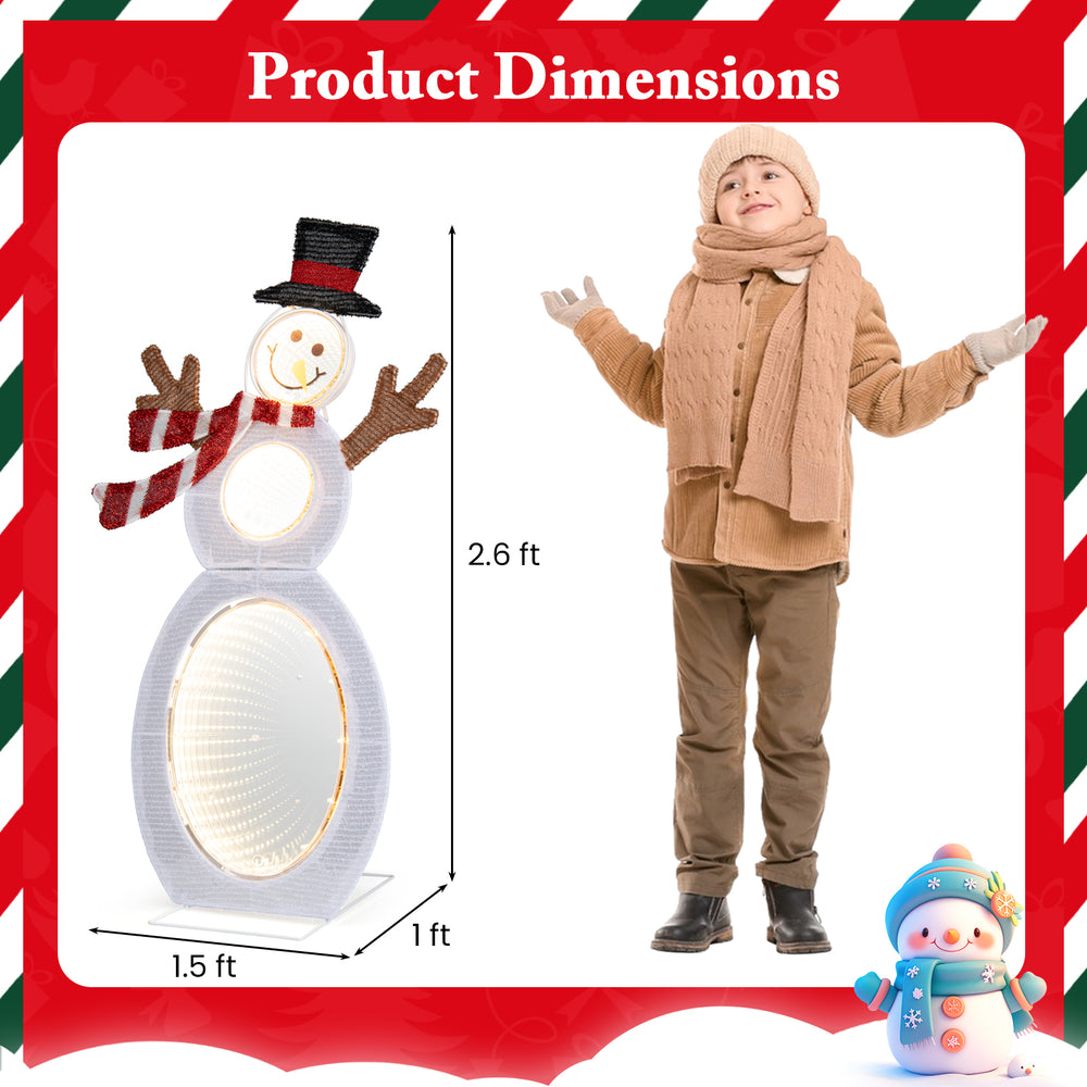 Lighted snowman decoration with 105 LED lights, 2.6 feet tall, featuring a mirror design and metal stand for outdoor.