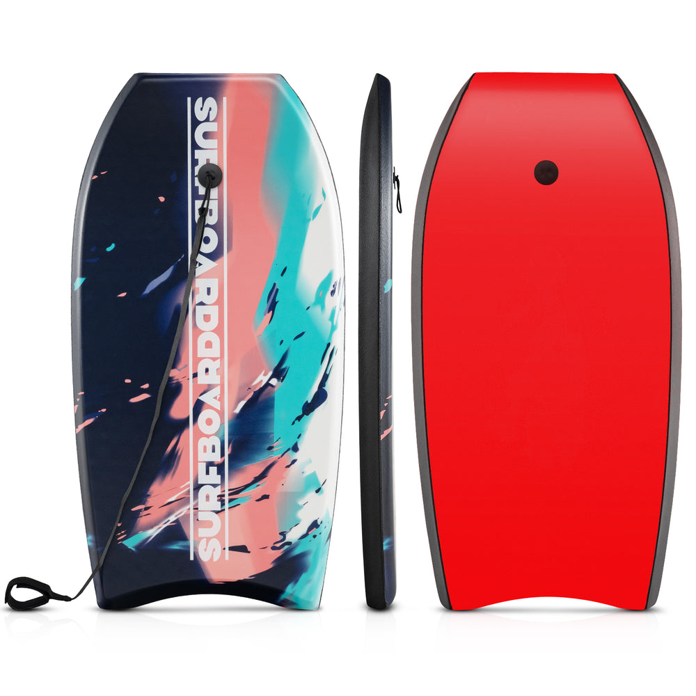 Lightweight 33-inch body board with EPS core, XPE deck, and HDPE bottom, ideal for beach and pool fun.