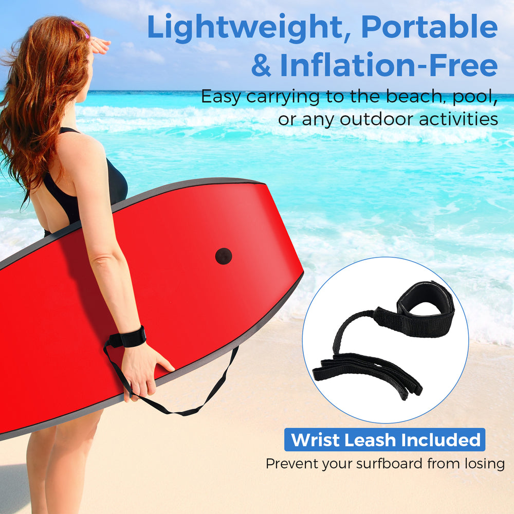 Lightweight body board with EPS core and XPE deck, perfect for beach or pool activities, includes adjustable wrist.