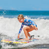 Lightweight boogie board with XPE deck and EPS core, perfect for kids surfing at the beach.