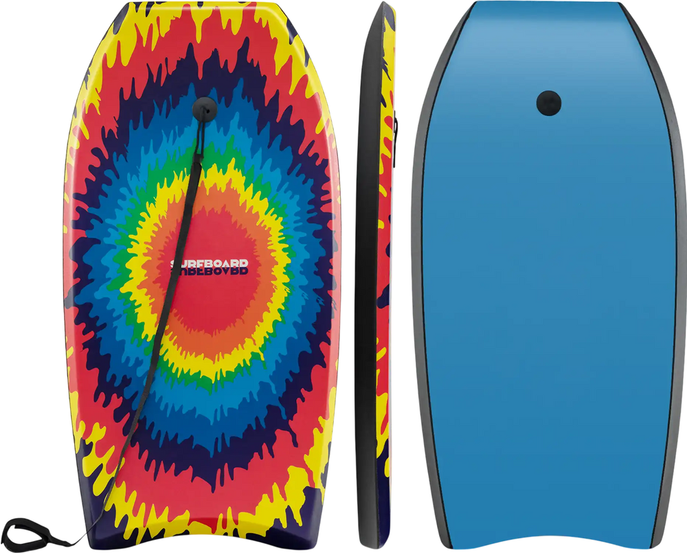 Lightweight 33-inch body board with multicolor design, EPS core, XPE deck, and HDPE bottom for beach fun.