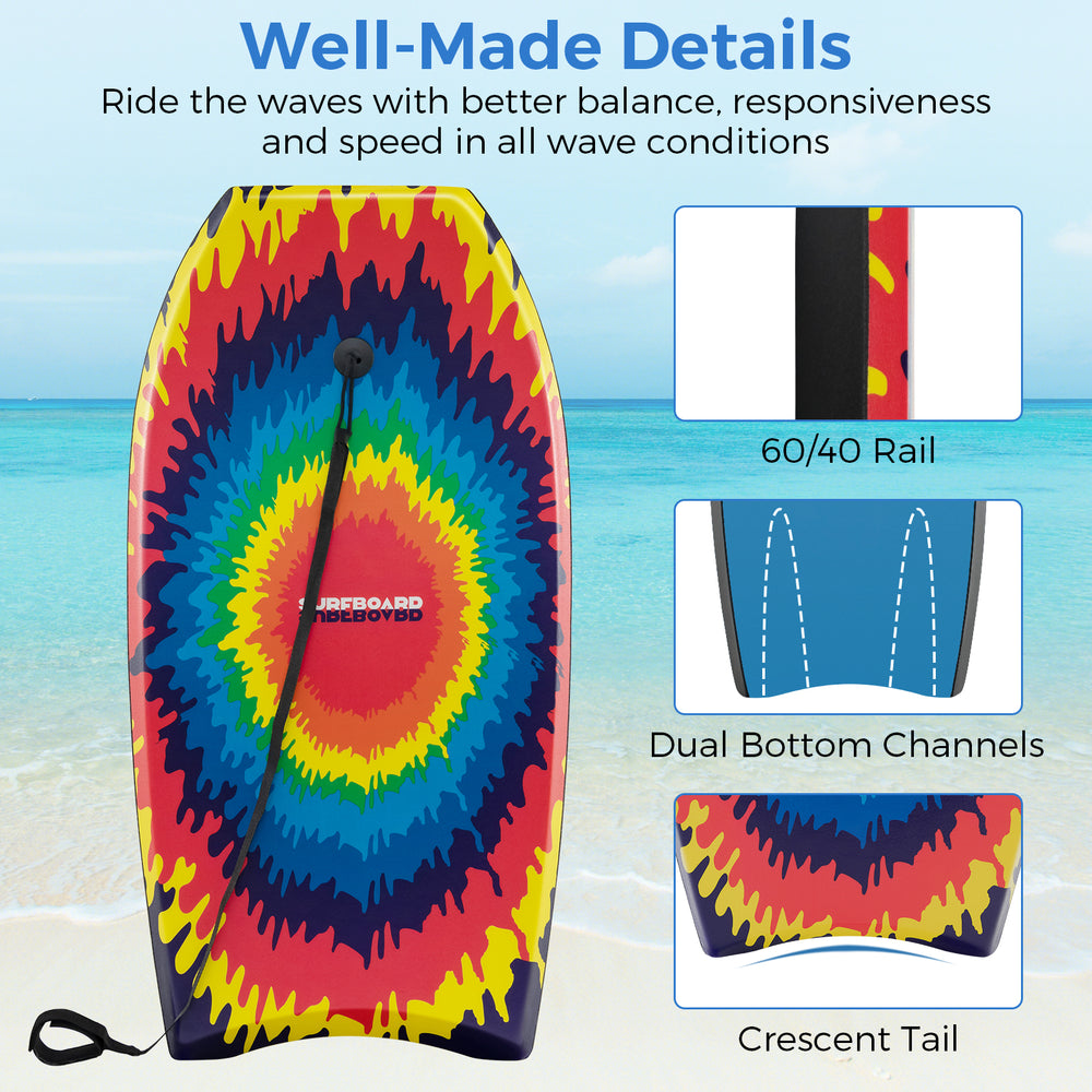 Lightweight boogie board with multicolor design, EPS core, XPE deck, and crescent tail for speed and control at the.
