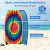 Lightweight bodyboard with multicolor design, XPE deck, EPS core, and HDPE bottom for speed and control at the beach.
