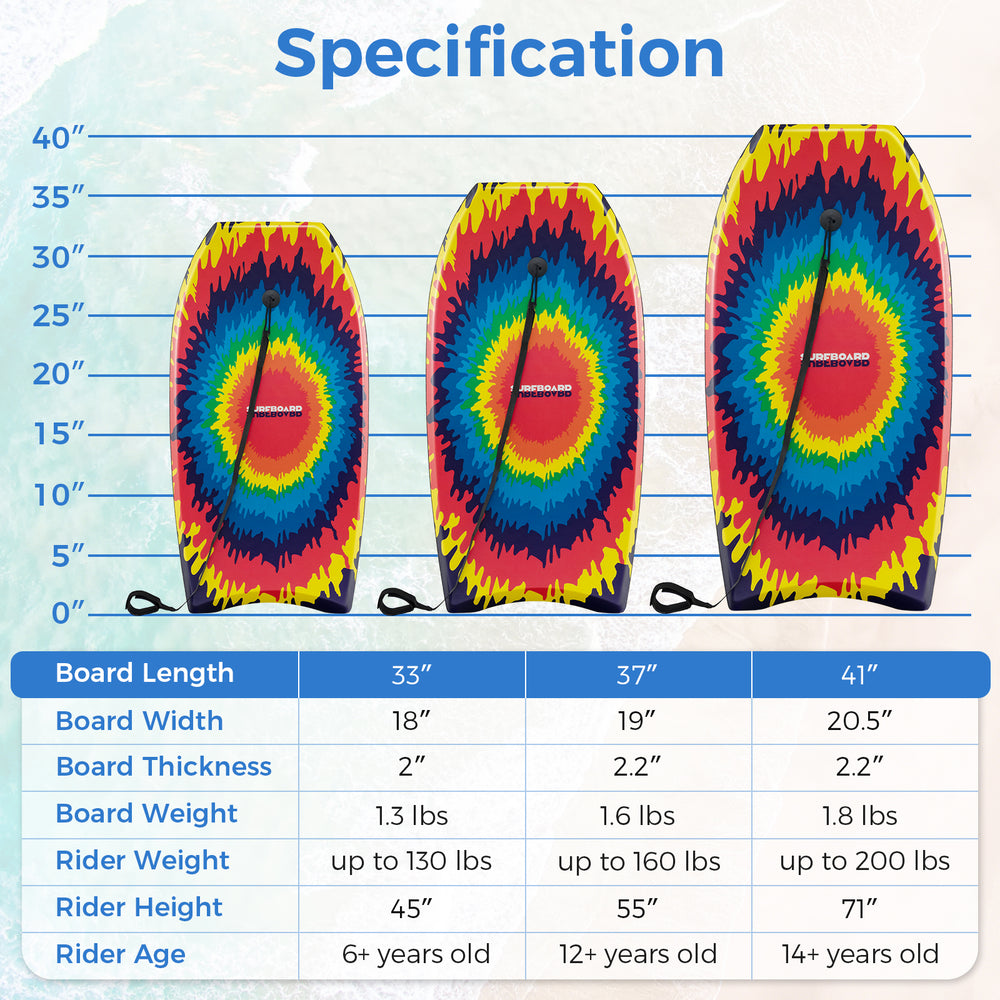 Lightweight body boards in multicolor, featuring EPS core, XPE deck, and HDPE bottom for beach and pool fun.