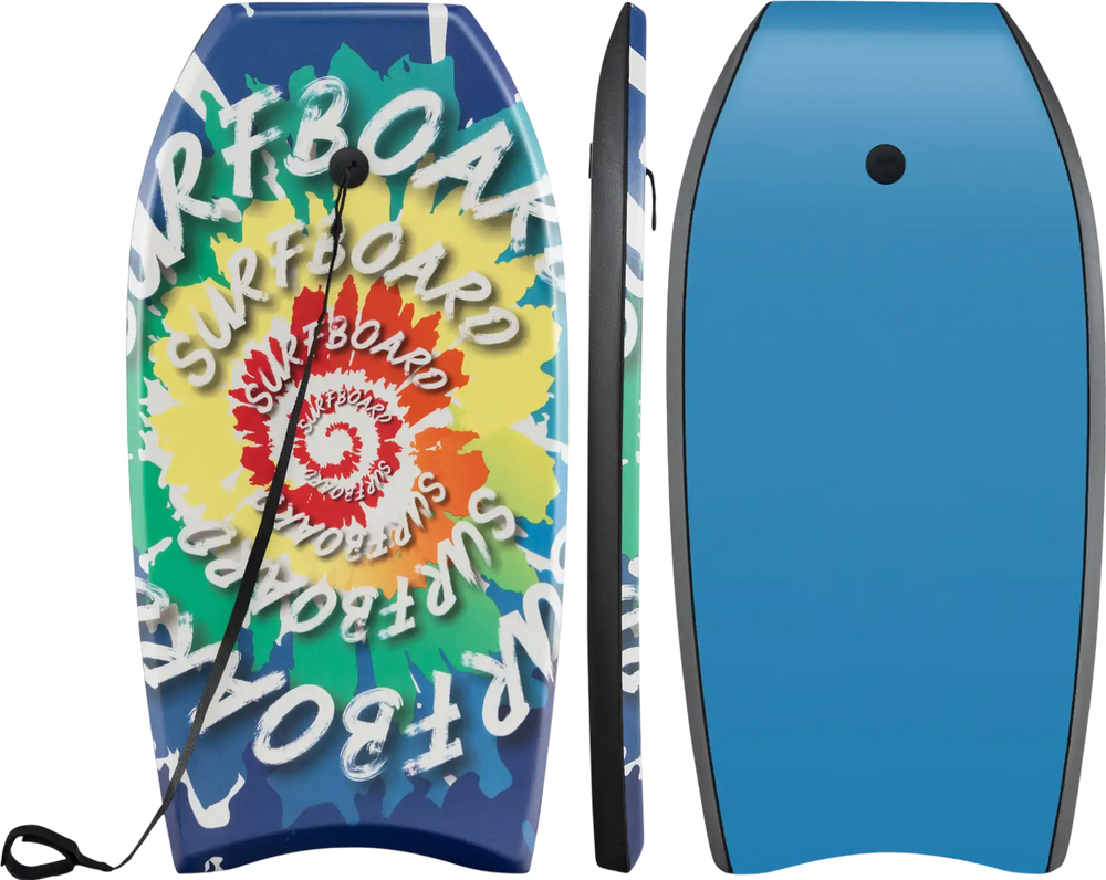 Lightweight 33-inch body board with multicolor design, EPS core, XPE deck, and HDPE bottom for beach fun.