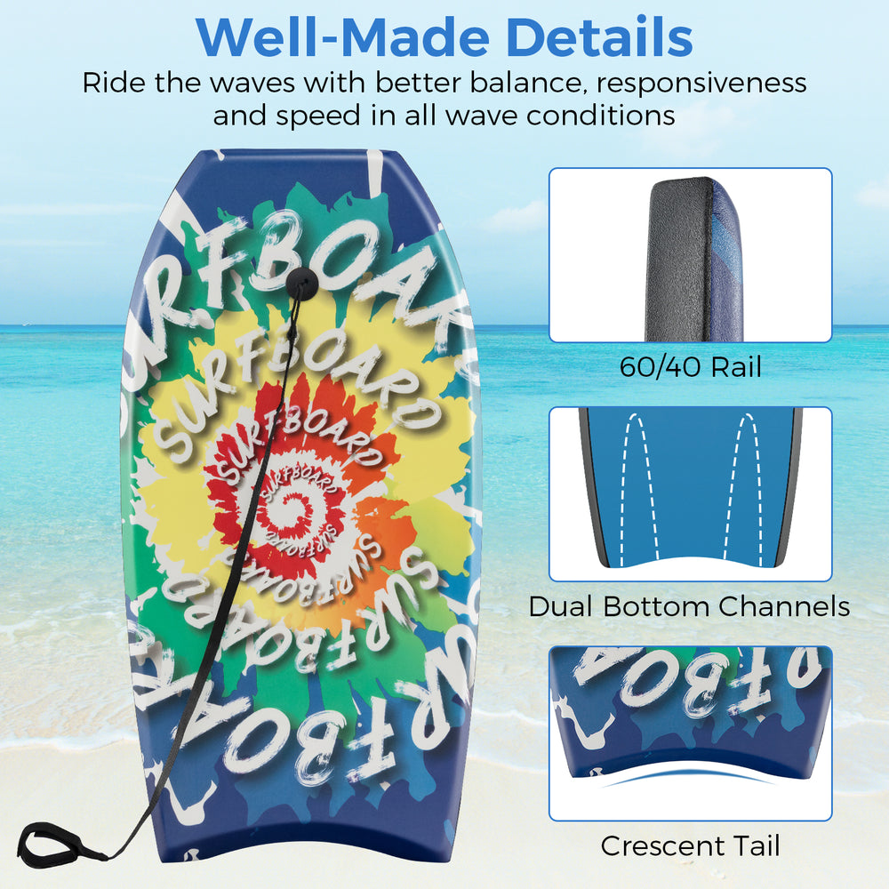 Lightweight body board with multicolor design, 60/40 rail, XPE deck, and HDPE bottom for speed and control in water.