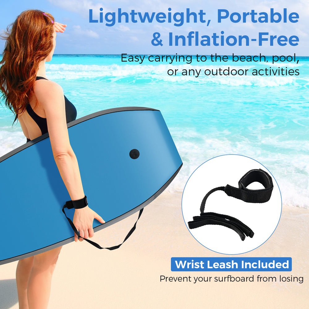 Lightweight body board with EPS core and XPE deck, perfect for beach activities; includes adjustable wrist leash.