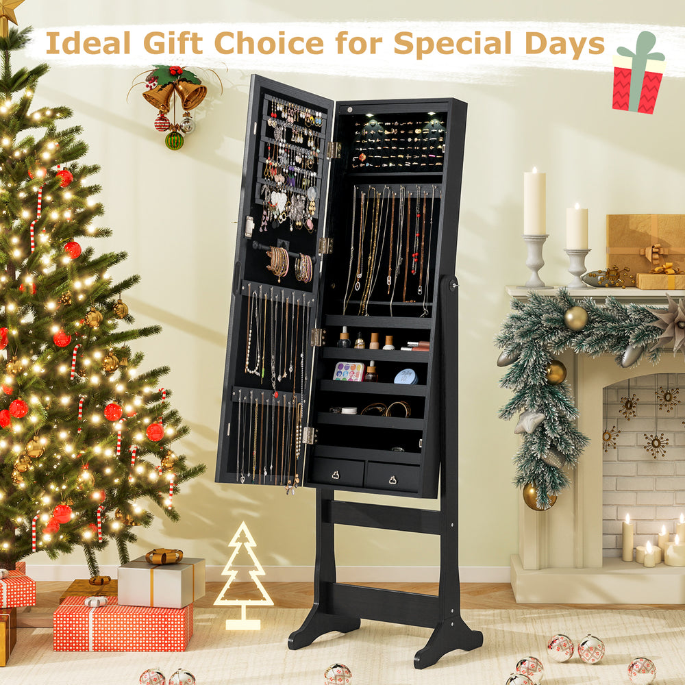 Lockable Freestanding Jewelry Cabinet Armoire with Full-Length Mirror and Lights-Black - Gallery View 1 of 10