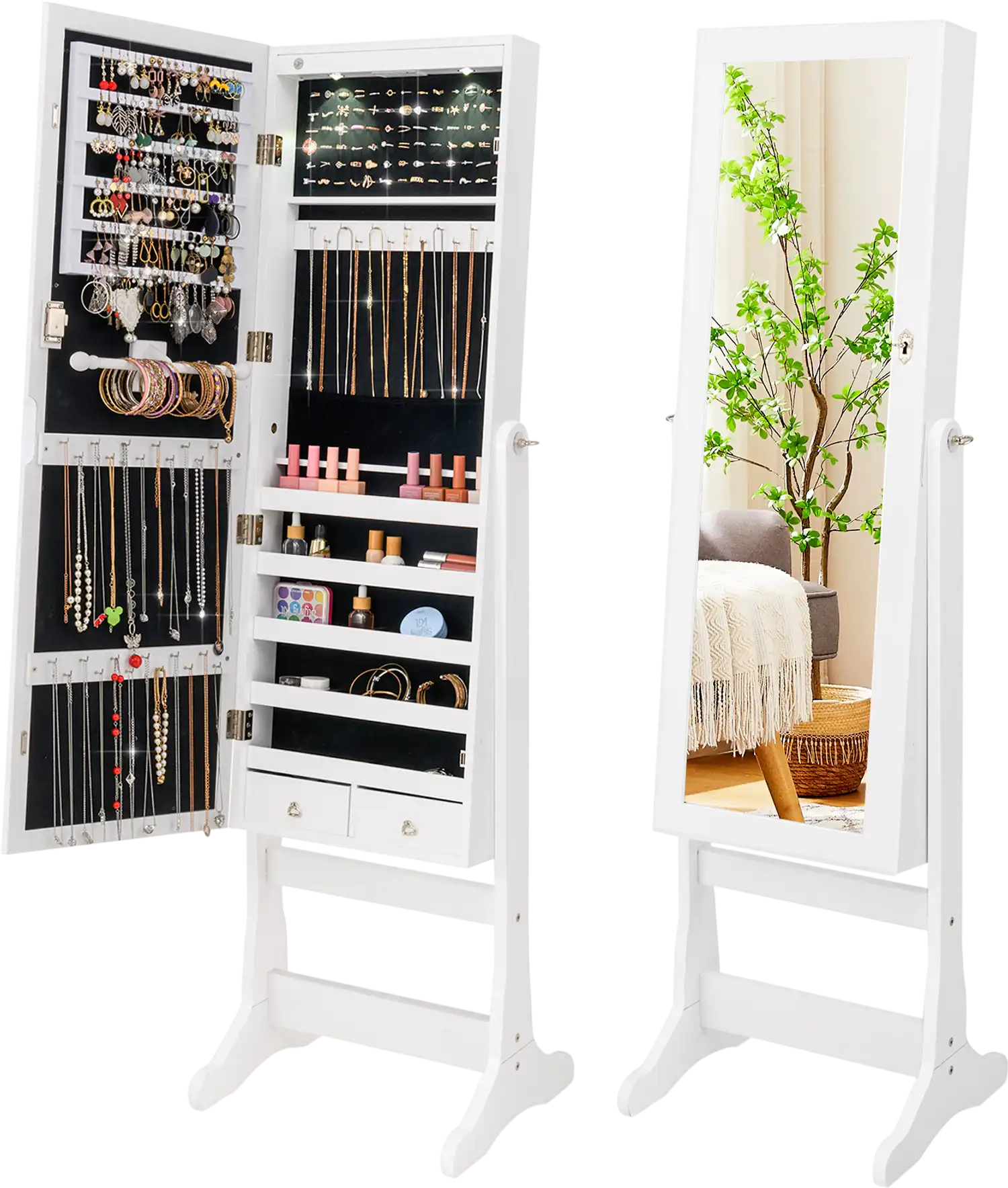 Costway Lockable Freestanding Jewelry Armoire Cabinet Full-Length Mirror Lights 39487651 New