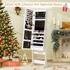 Freestanding white jewelry cabinet with full-length mirror, LED lights, and lockable design for secure storage.