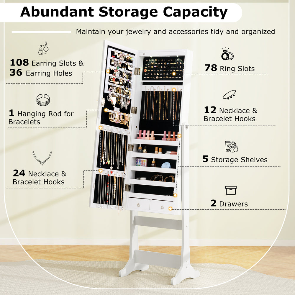 Freestanding jewelry cabinet armoire in white with full-length mirror, LED lights, and ample storage for organized.