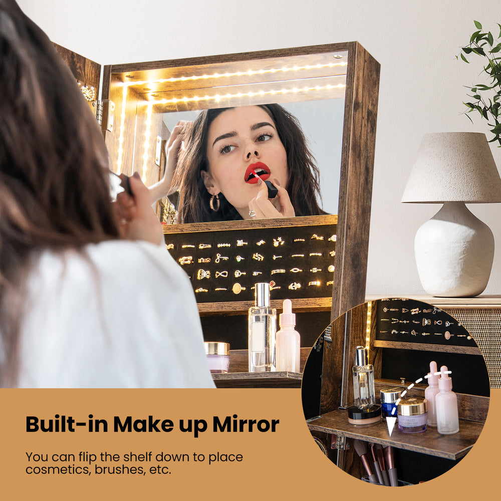 Lockable freestanding jewelry organizer with built-in makeup mirror and LED lights for convenient storage and elegance.