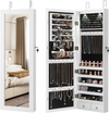 Lockable wall-mounted jewelry cabinet with LED lights, full-length mirror, and organized storage for necklaces and.