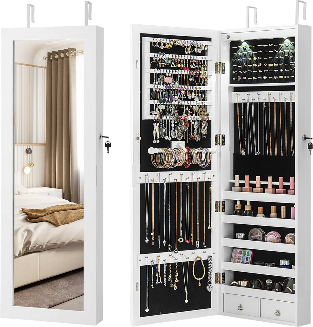 Lockable wall-mounted jewelry cabinet with LED lights, full-length mirror, and organized storage for necklaces and.