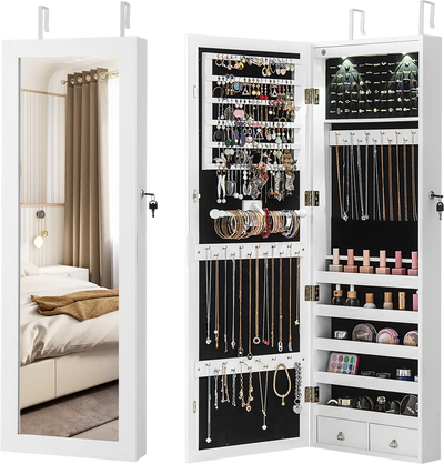 Costway Lockable Wall Mount Mirrored Jewelry Cabinet w/ LED Lights 08914573 New