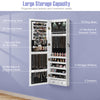 Lockable wall-mounted jewelry cabinet in white with LED lights, featuring large storage capacity for rings, necklaces.