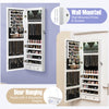 Lockable wall-mounted jewelry cabinet in white with LED lights, full-length mirror, and ample storage for accessories.