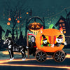 Halloween inflatable carriage featuring a pumpkin, ghost, witch, and skull horse, perfect for outdoor decorations.