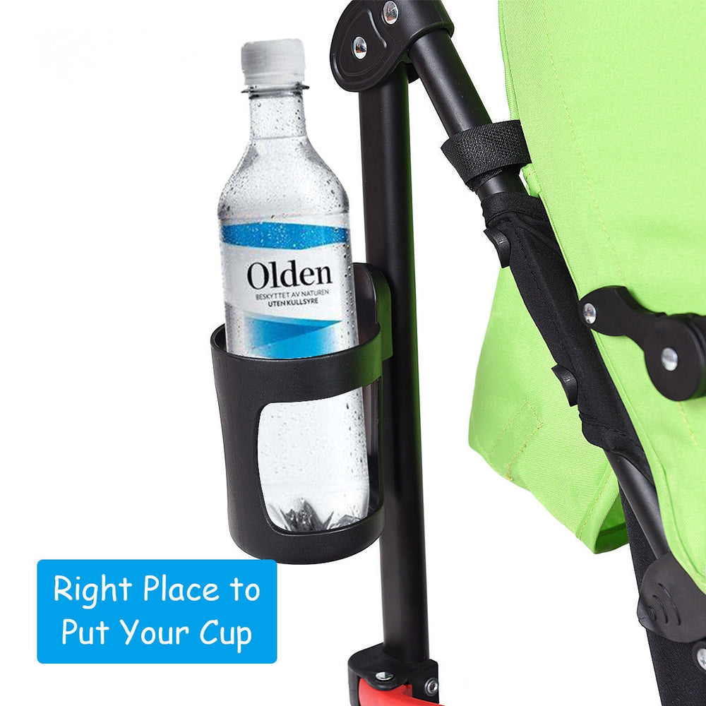 Cup holder attached to the green folding lightweight baby stroller, perfect for drinks or baby bottles on the go.