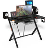 Multifunctional K-shaped gaming desk with cup holder, headset hook, and audio stands for an organized gaming setup.