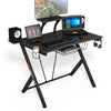 Multifunctional K-shaped gaming desk with cup holder, headphone hook, and ergonomic design for comfortable gaming.