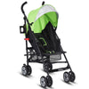 Lightweight green umbrella stroller with adjustable UV canopy, storage basket, and 5-point harness for safe travel.