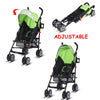 Lightweight green folding umbrella stroller with adjustable UV canopy, storage basket, and easy-lock wheels for safety.