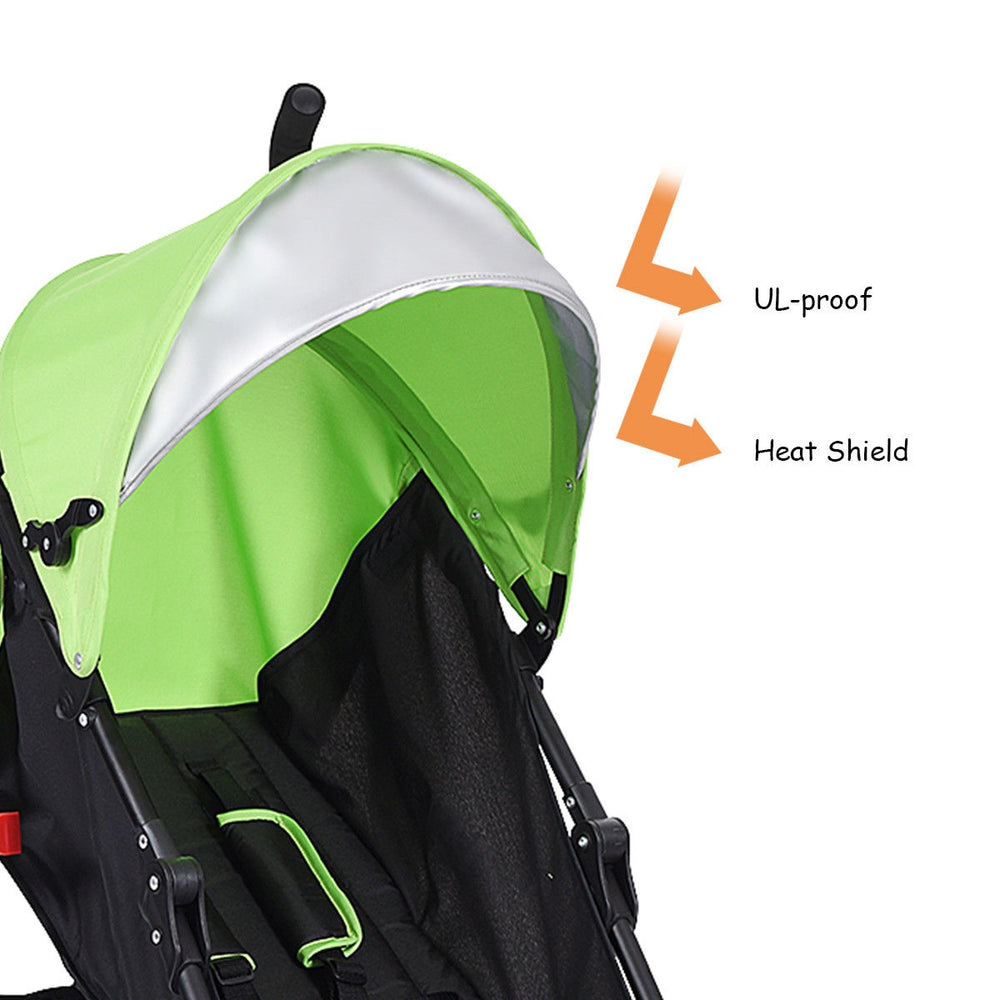 Lightweight green folding umbrella stroller with UV-proof canopy and storage basket, ideal for travel with toddlers.
