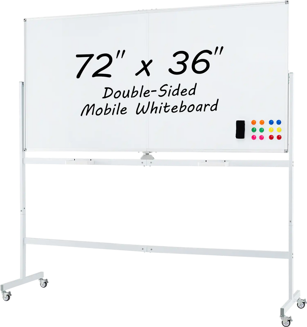 Double-sided mobile whiteboard on wheels, 72"x36", with aluminum frame, ideal for office or classroom use.