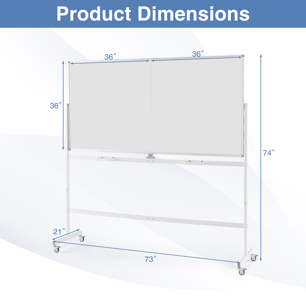 Double-sided magnetic whiteboard dimensions with a sturdy aluminum frame, ideal for office or classroom use.