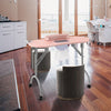Manicure nail table in pink with built-in dust collector, USB LED lamp, and floral patterns for salon use.