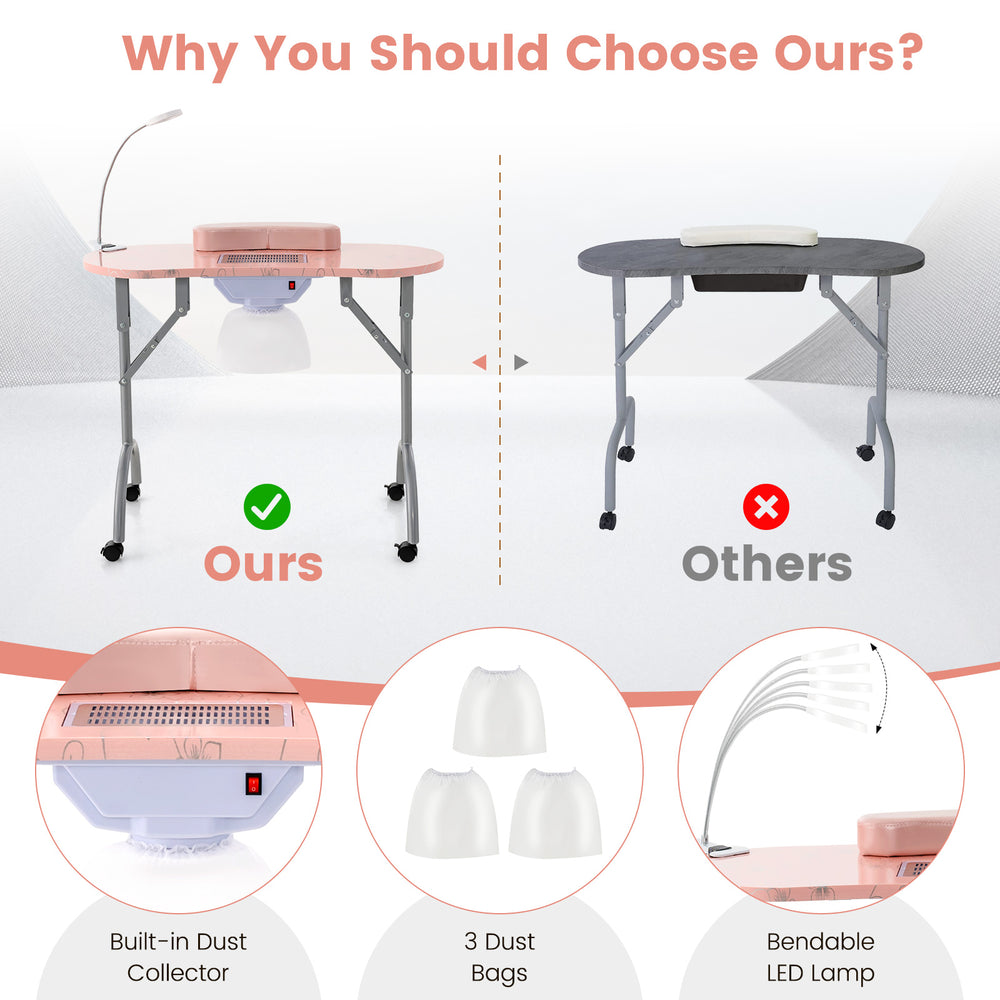 Manicure nail table in pink with built-in dust collector, USB LED lamp, and floral patterns for convenient use.