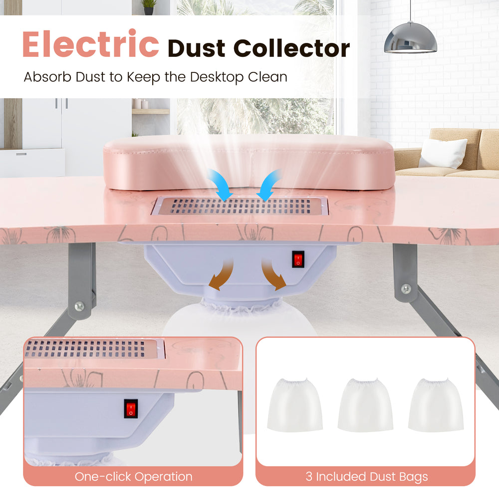 Manicure nail table in pink with built-in dust collector, USB LED lamp, and 3 dust bags for easy maintenance.